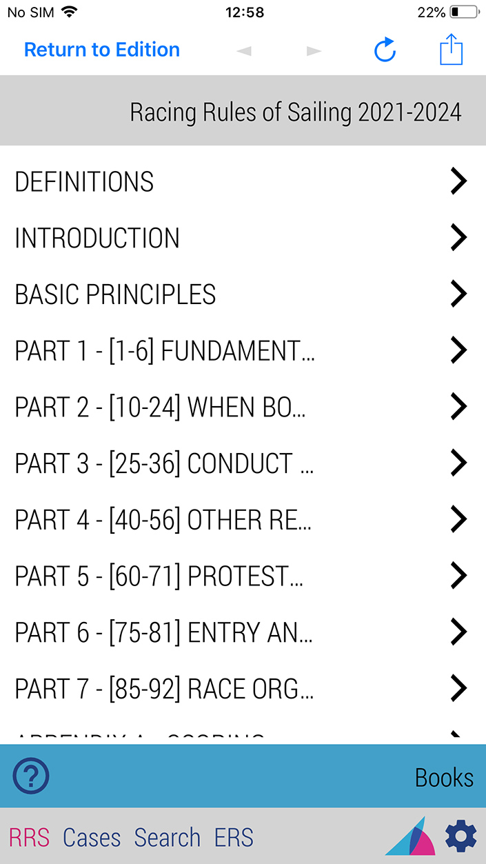 Screenshot showing the integrated eBook in the World Sailing 2021-2024 app